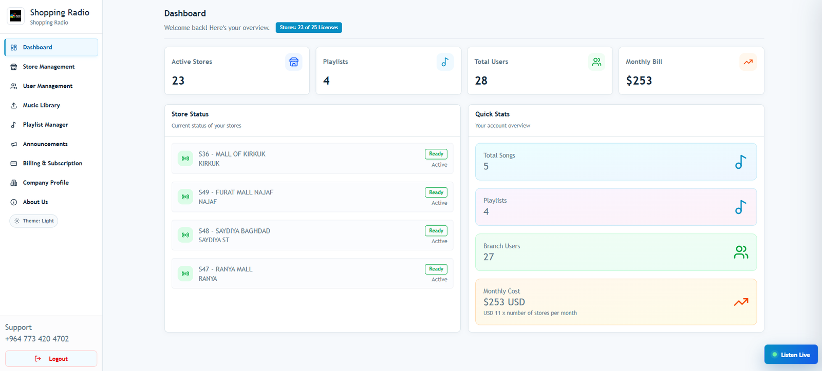Pearl Radio Station dashboard showing stores, playlists, users, and live status